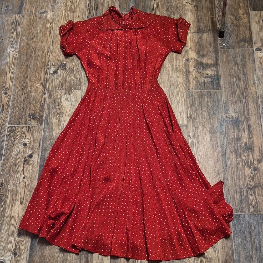 Red Polka Dot Midi Dress Size S A-Line Short Sleeve Wedding Guest Cocktail Party